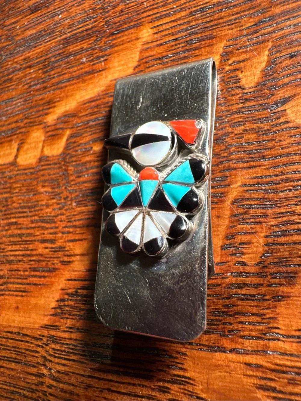 VTG Native American Sterling Silver MOP Turquoise Peyote Water Bird Money Clip